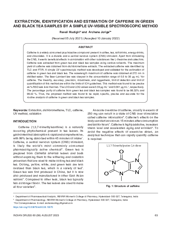 (PDF) Extraction, Identification and Estimation of Caffeine in Green ...