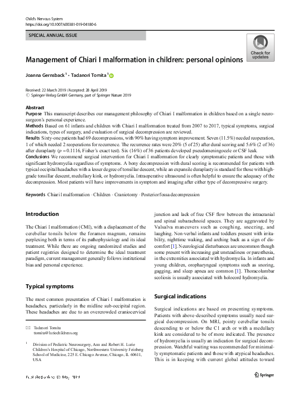 (PDF) Management of Chiari I malformation in children: personal opinions