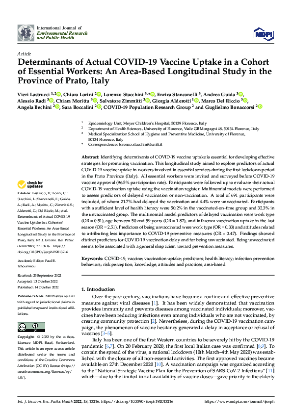 (PDF) Determinants of Actual COVID-19 Vaccine Uptake in a Cohort of ...