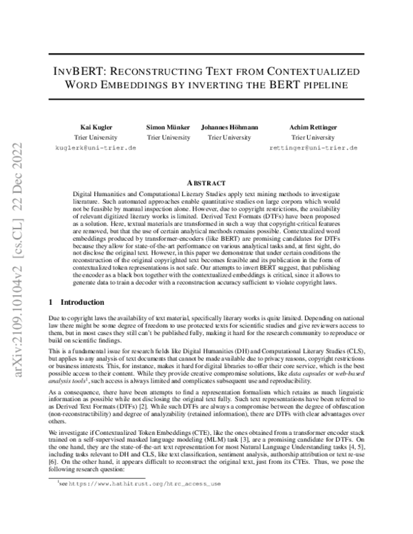 (PDF) InvBERT: Text Reconstruction from Contextualized Embeddings used ...
