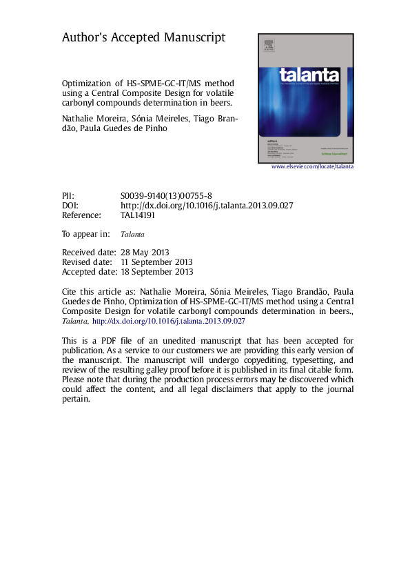 (PDF) Optimization of the HS-SPME–GC–IT/MS method using a central ...
