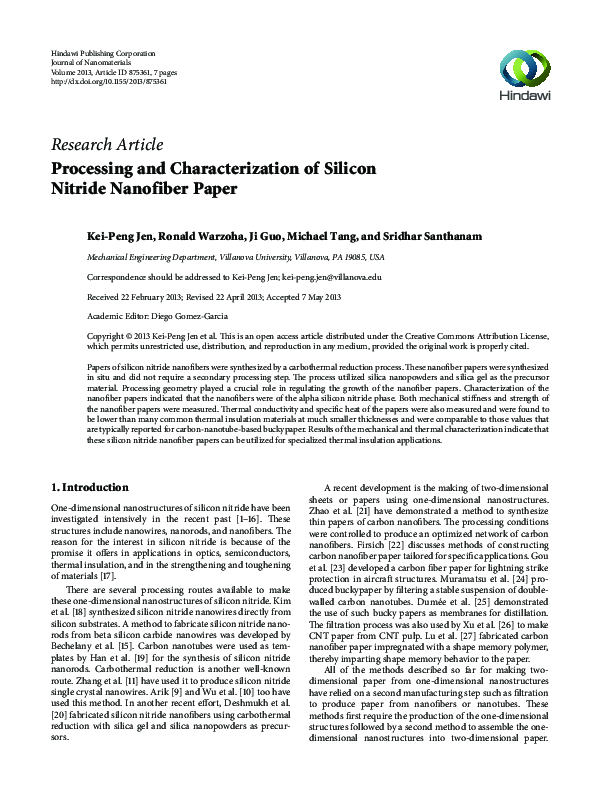 (PDF) Processing and Characterization of Silicon Nitride Nanofiber Paper