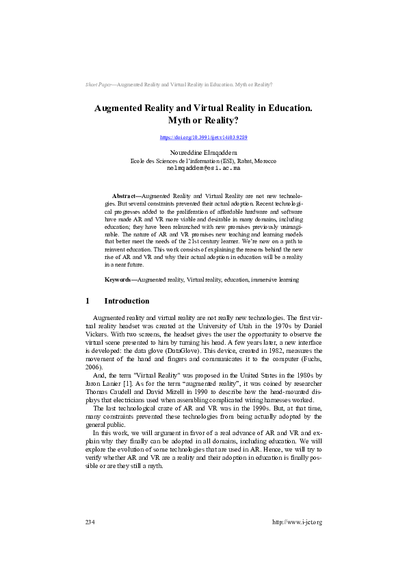 (PDF) Augmented Reality and Virtual Reality in Education. Myth or Reality?