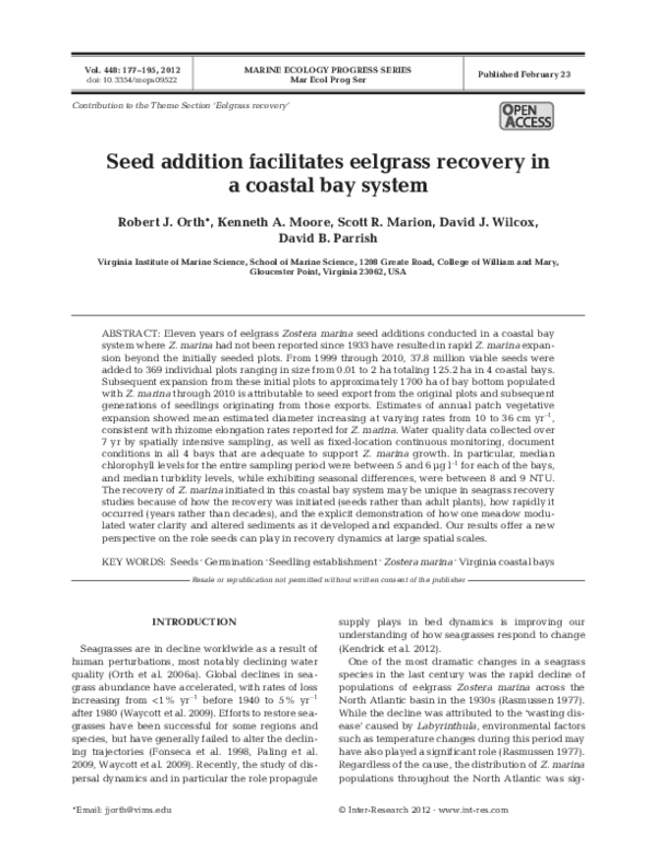 (PDF) Seed addition facilitates eelgrass recovery in a coastal bay system
