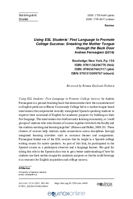 (PDF) Using ESL Students’ First Language to Promote College Success ...