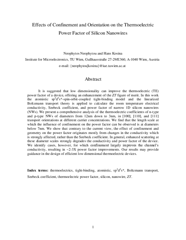 (PDF) Effects of confinement and orientation on the thermoelectric ...