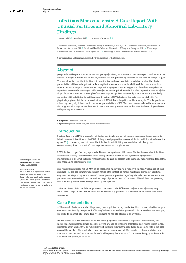  pdf infectious mononucleosis a case report with unusual features and