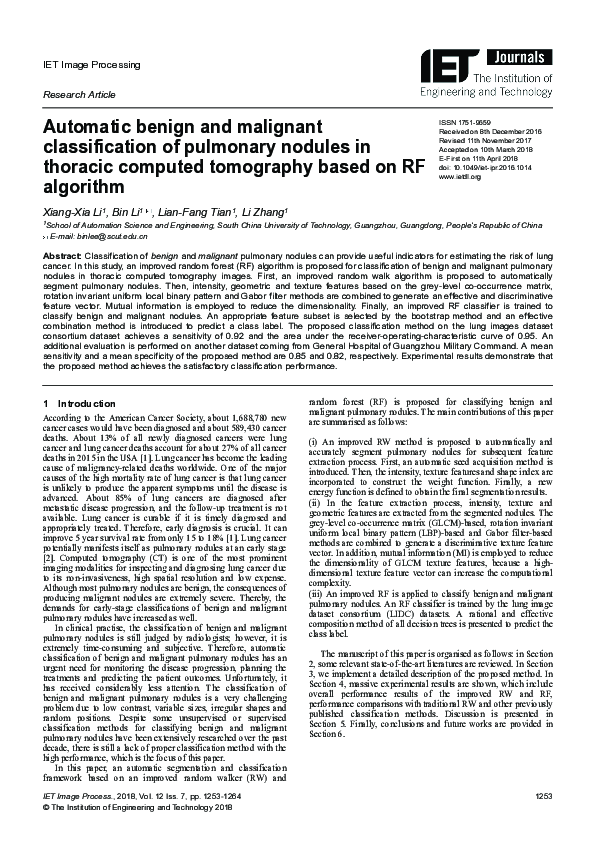 (PDF) Automatic benign and malignant classification of pulmonary ...