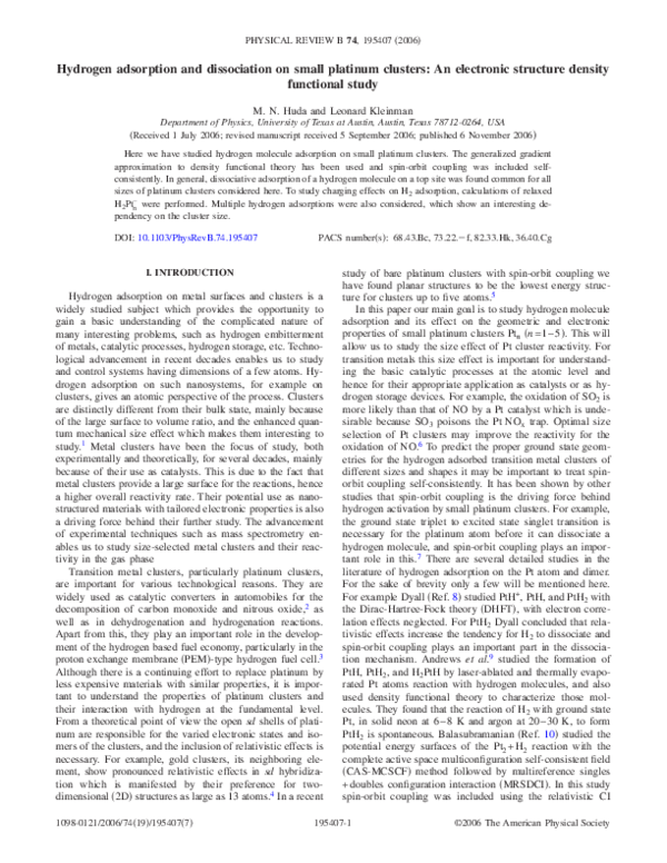 (PDF) Hydrogen adsorption and dissociation on small platinum clusters ...
