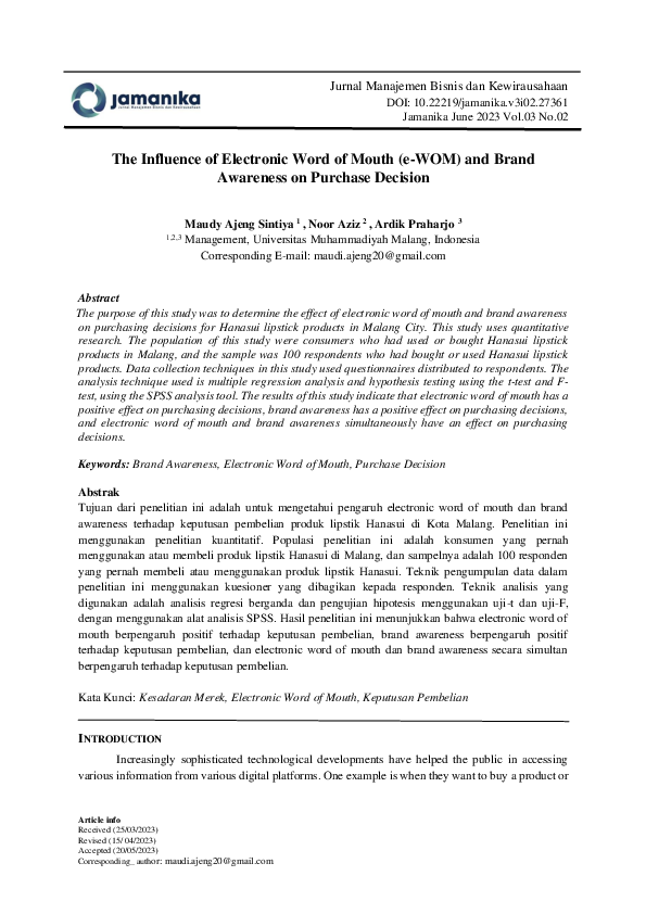(PDF) The Influence of Electronic Word of Mouth (e-WOM) and Brand ...