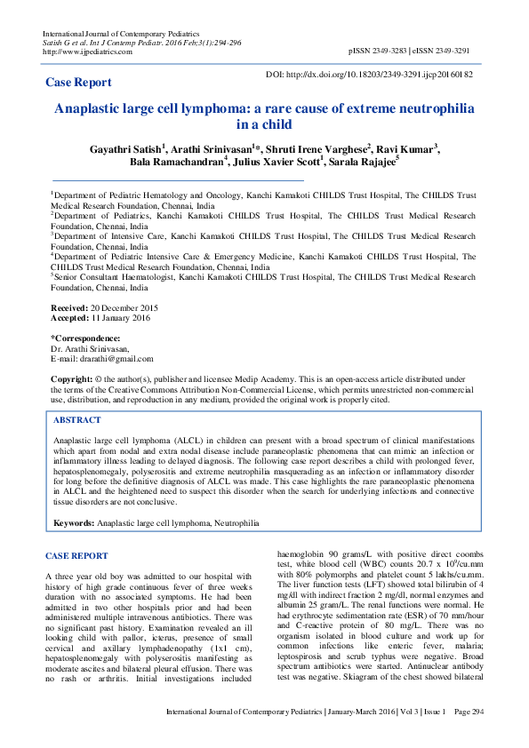 (PDF) Anaplastic large cell lymphoma: a rare cause of extreme ...
