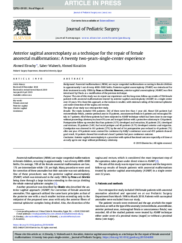 (PDF) Anterior Sagittal Anorectoplasty as a Technique for the Repair of ...