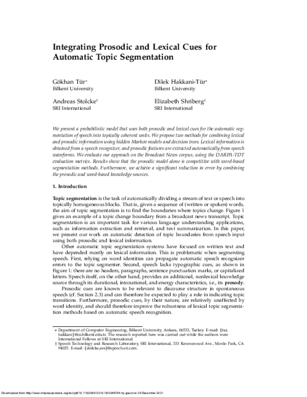(PDF) Integrating Prosodic and Lexical Cues for Automatic Topic ...