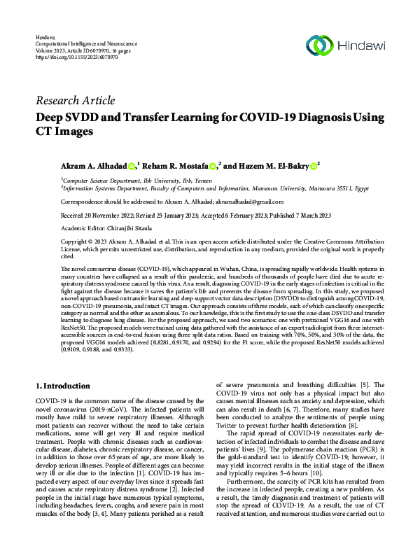 (PDF) Deep SVDD and Transfer Learning for COVID-19 Diagnosis Using CT ...