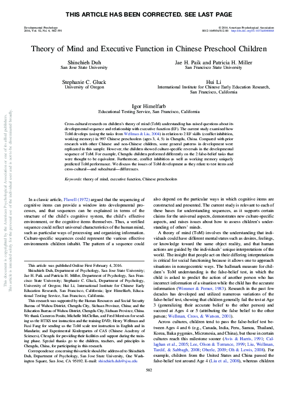 (PDF) Theory of mind and executive function in Chinese preschool children