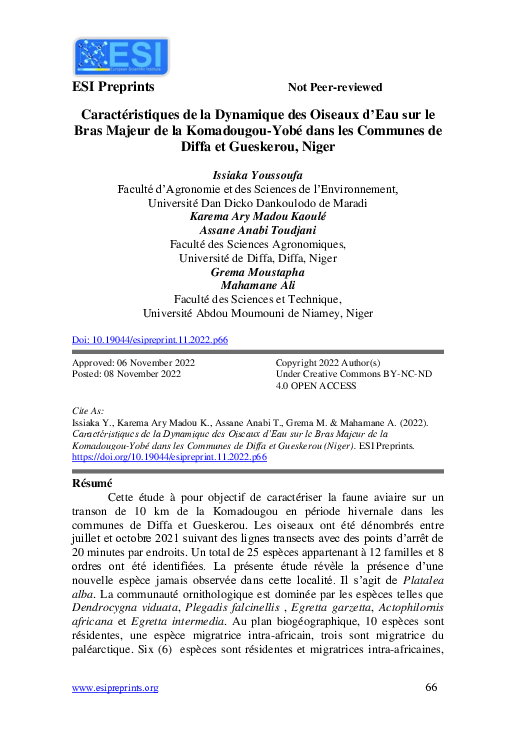 (PDF) Caractéristiques de la Dynamique des Oiseaux d’Eau sur le Bras ...