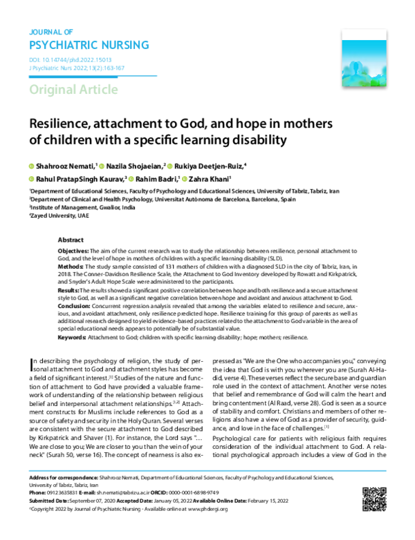 (PDF) Resilience, attachment to God, and hope in mothers of children ...