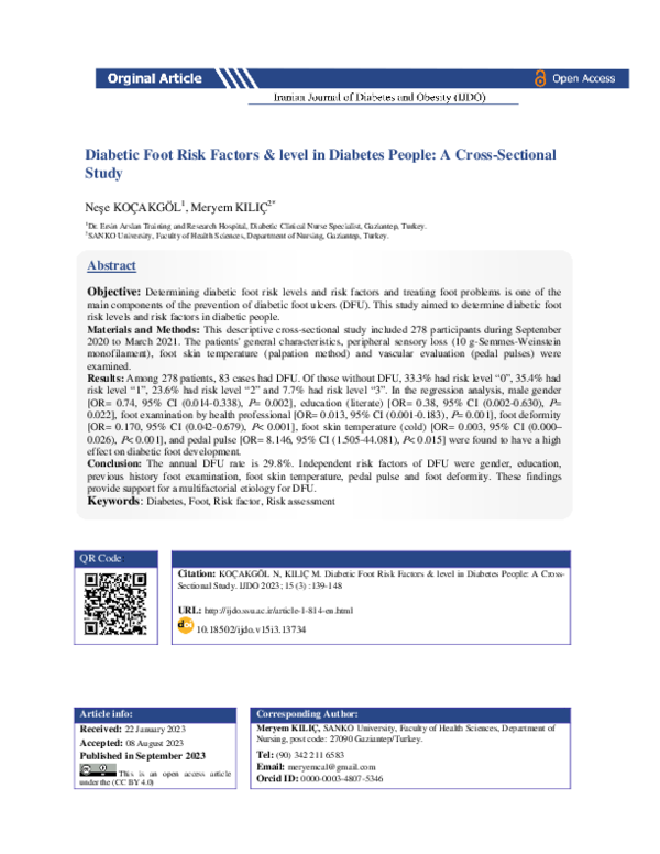 (PDF) Diabetic Foot Risk Factors & level in Diabetes People: A Cross ...