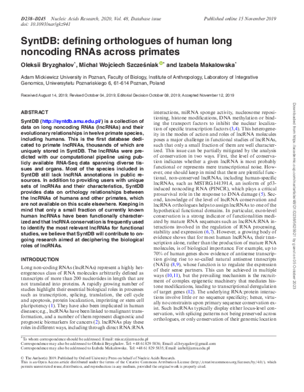 (PDF) SyntDB: defining orthologues of human long noncoding RNAs across ...