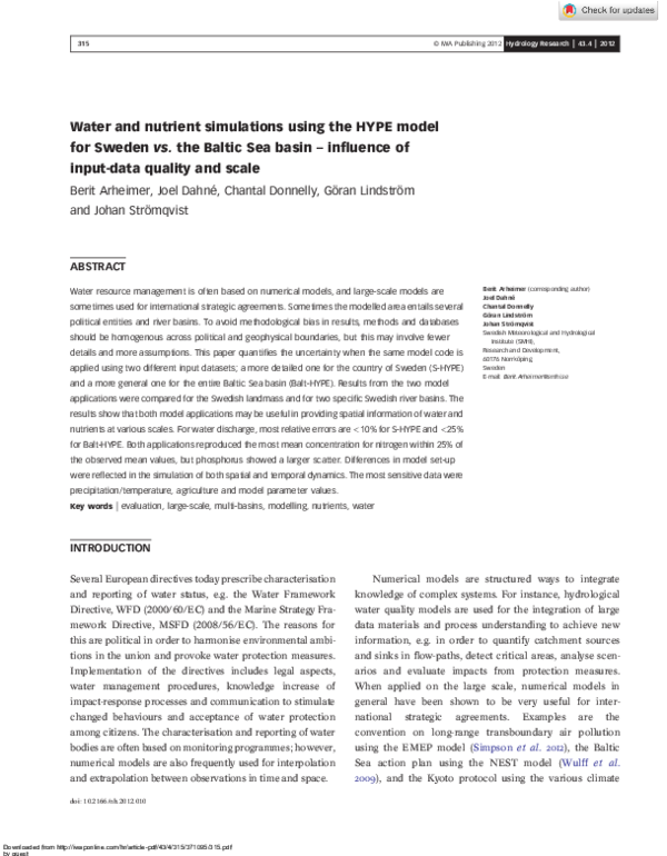 (PDF) Water and nutrient simulations using the HYPE model for Sweden vs ...