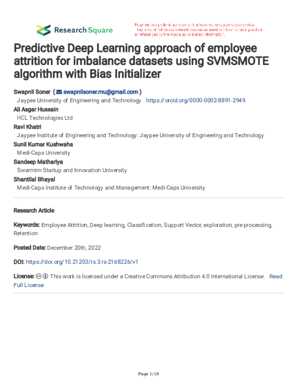 Predictive Deep Learning approach of employee attrition for imbalance datasets using SVMSMOTE algorithm with Bias Initializer