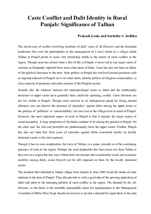 (DOC) Caste Conflict and Dalit Identity in Rural Punjab: Significance ...