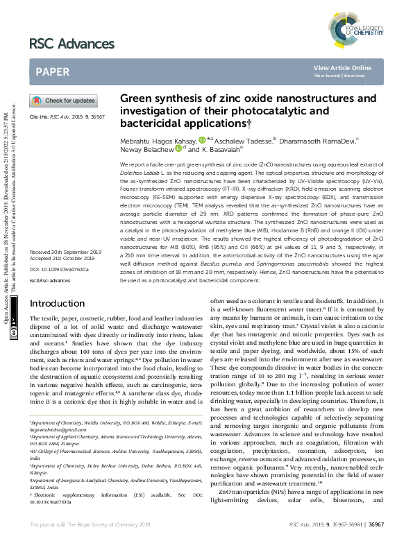 (PDF) Green synthesis of zinc oxide nanostructures and investigation of ...