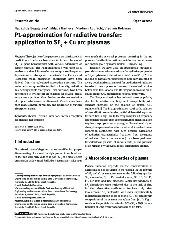 (PDF) P1-approximation for radiative transfer: application to SF6 + Cu ...