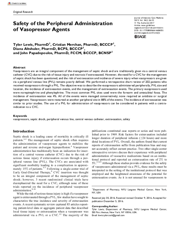 (PDF) Safety of the Peripheral Administration of Vasopressor Agents