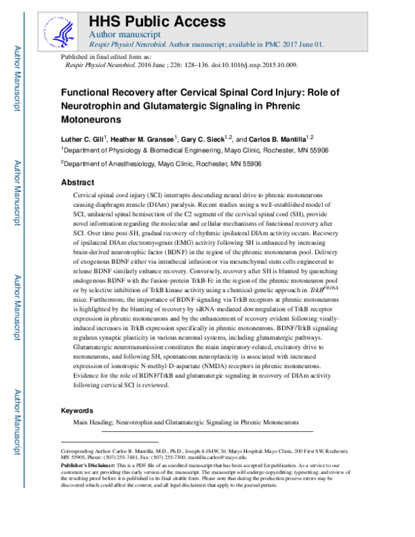 (PDF) Functional recovery after cervical spinal cord injury: Role of ...