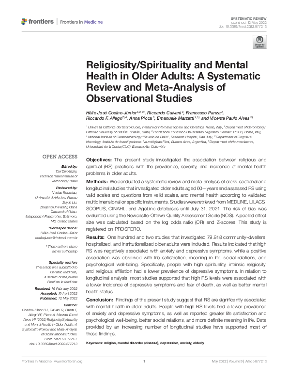 (PDF) Religiosity/Spirituality and Mental Health in Older Adults: A ...