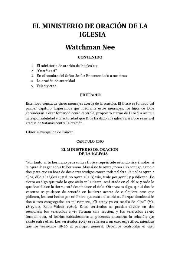 (PDF) EL MINISTERIO DE ORACIÓN DE LA IGLESIA Watchman Nee