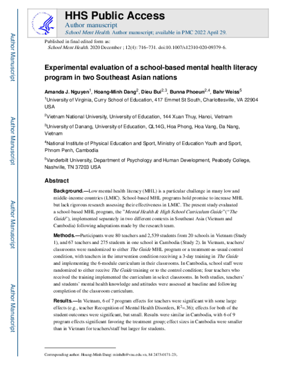 (PDF) Experimental Evaluation of a School-Based Mental Health Literacy ...