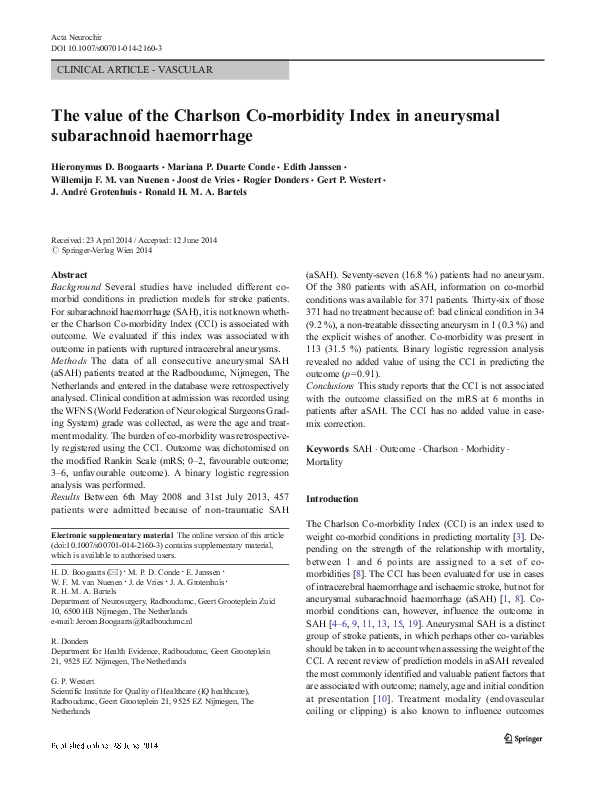 (PDF) The value of the Charlson Co-morbidity Index in aneurysmal ...