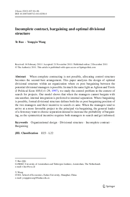 (PDF) Incomplete contract, bargaining and optimal divisional structure