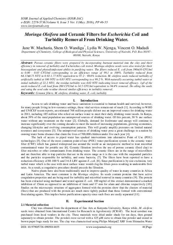 (PDF) Moringa oleifera and ceramic filters for escherichia coli and