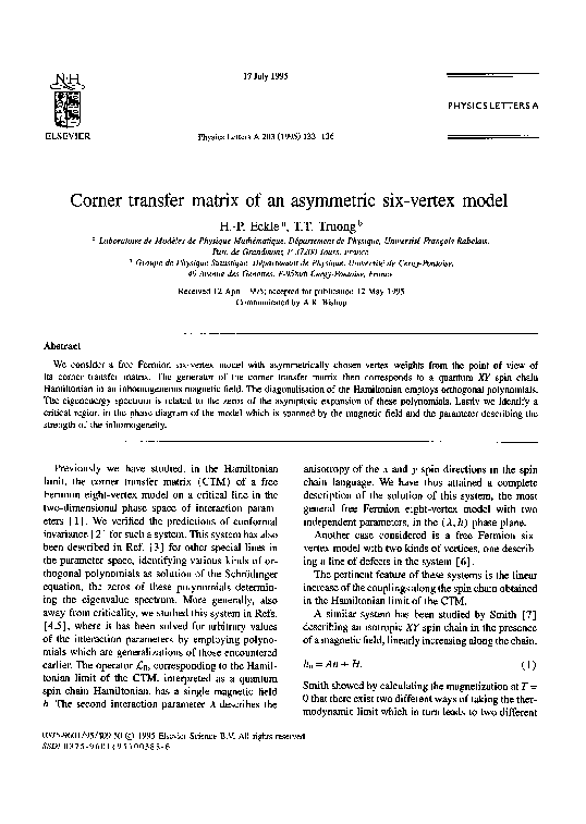 (PDF) Corner transfer matrix of an asymmetric six-vertex model
