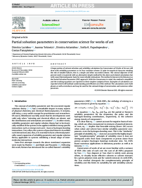 (PDF) Partial solvation parameters in conservation science for works of art