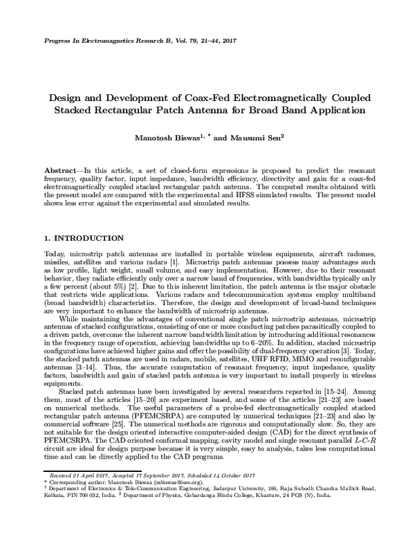 Pdf Design And Development Of Coax Fed Electromagnetically Coupled