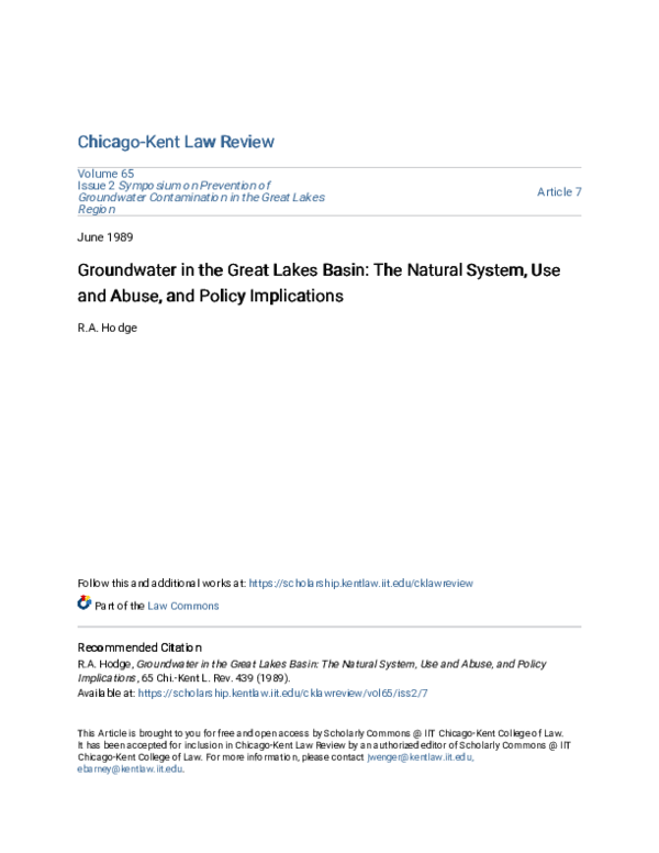 (PDF) Groundwater in the Great Lakes Basin: The Natural System, Use and ...