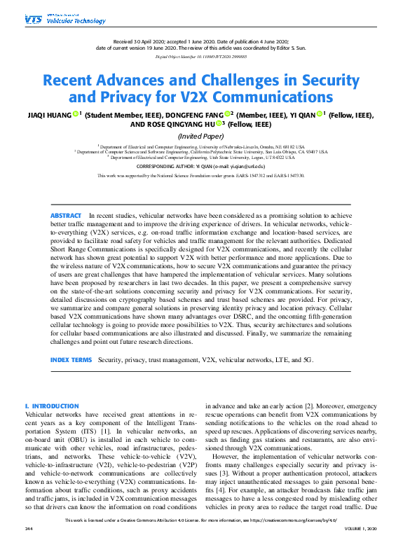 (PDF) Recent Advances and Challenges in Security and Privacy for V2X ...