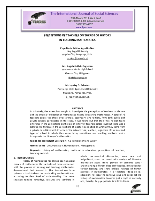 (PDF) Perceptions of Teachers on the Use of History in Teaching Mathematics