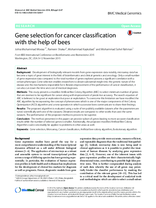 (PDF) Gene selection for cancer classification with the help of bees