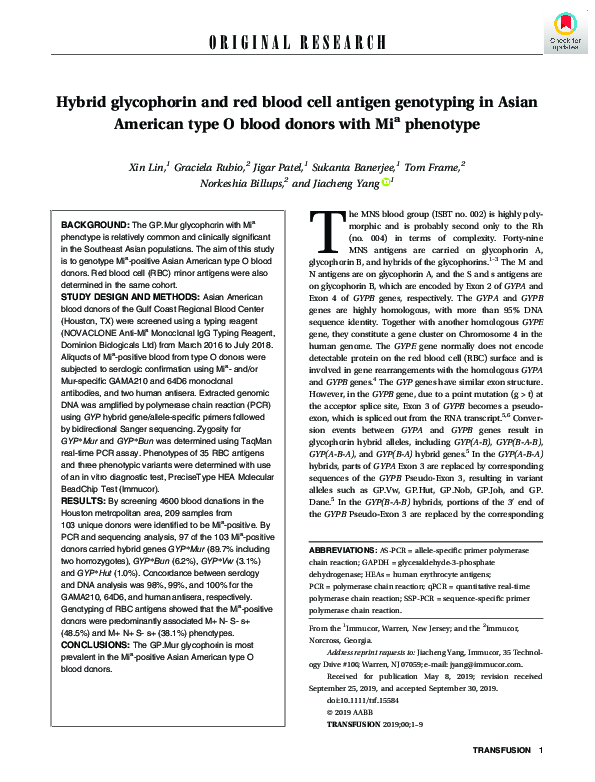 (PDF) Hybrid glycophorin and red blood cell antigen genotyping in Asian