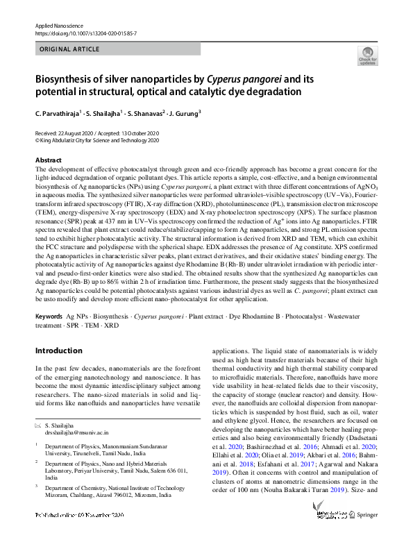 (PDF) Biosynthesis of silver nanoparticles by Cyperus pangorei and its ...