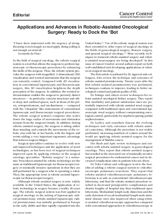 (PDF) Applications and Advances in Robotic-Assisted Oncological Surgery ...