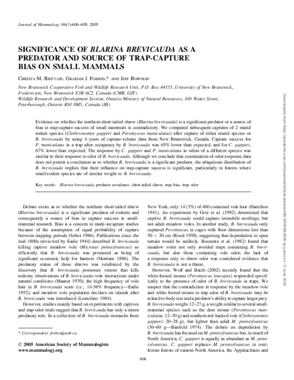 (PDF) Significance of Blarina Brevicauda as a Predator and Source of ...