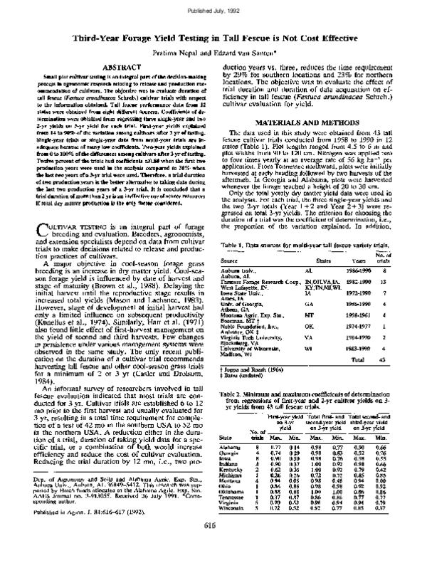 (PDF) Third‐Year Forage Yield Testing in Tall Fescue is Not Cost Effective