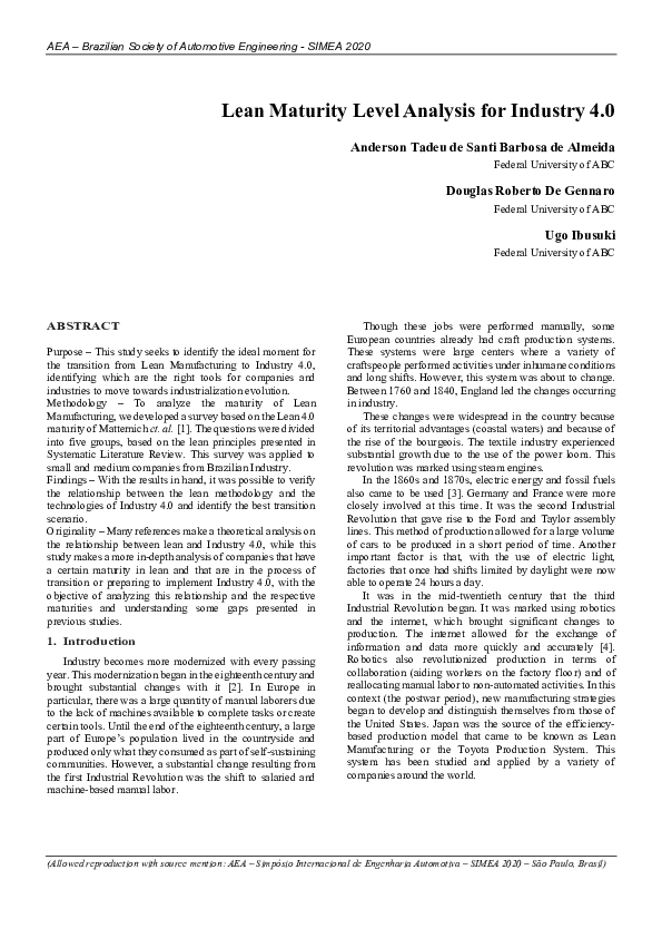 (PDF) Lean Maturity Level Analysis for Industry 4.0