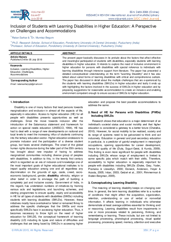(PDF) Inclusion of Students with Learning Disabilities in Higher ...